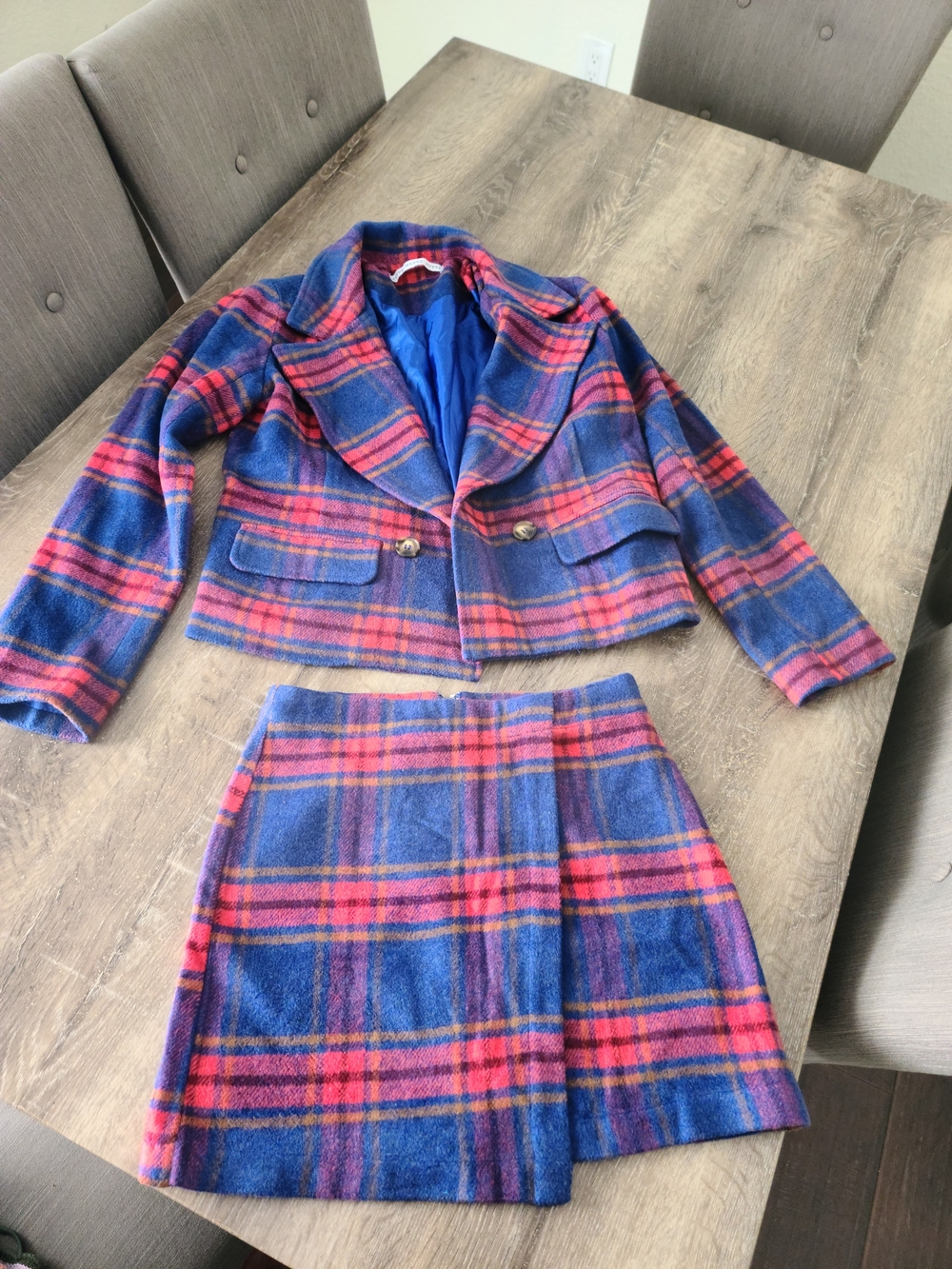 HYFVE Blue & Pink Plaid Cropped Blazer and Skirt Set